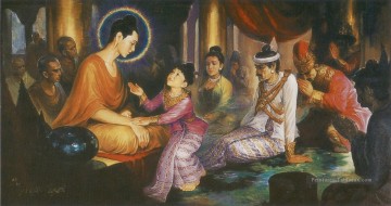 jeune prince Rahula incité par sa mère à demander son héritage bouddhisme Peinture à l'huile